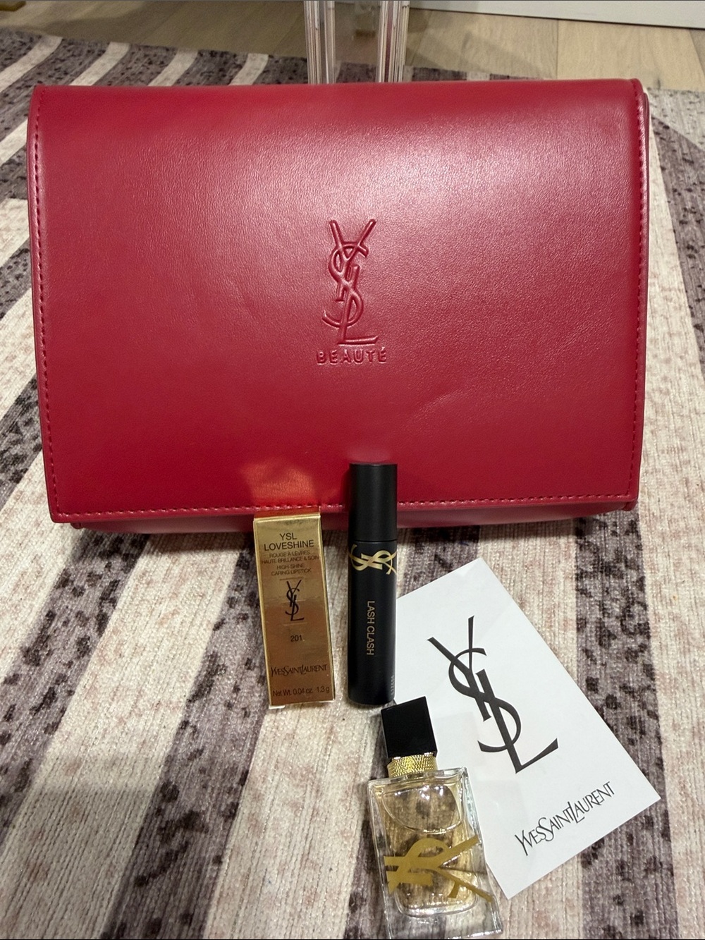 Yves Saint Laurent Red Leather Beauty Pouch with Branded Accessories